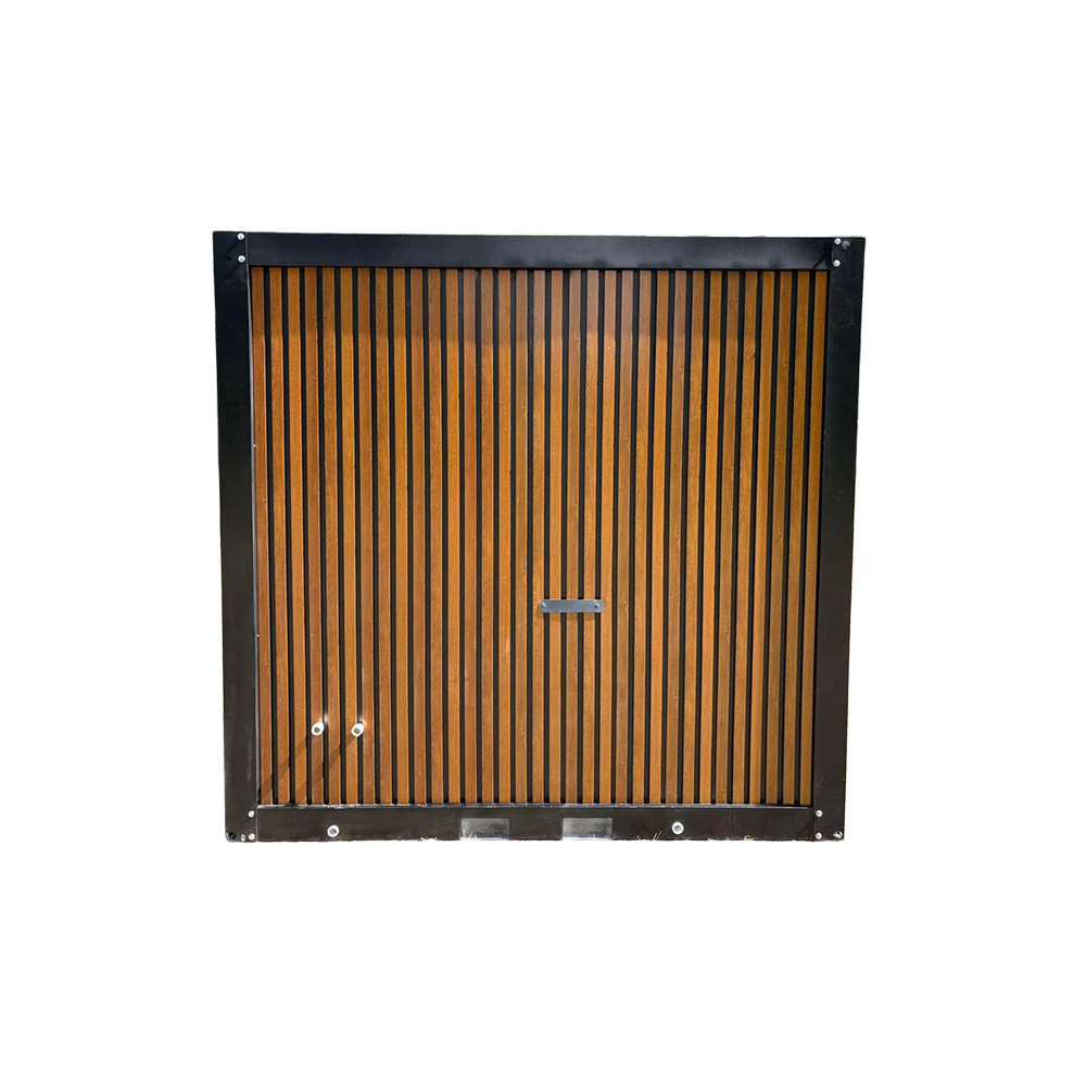 Backside of a portable handicap toilet unit.