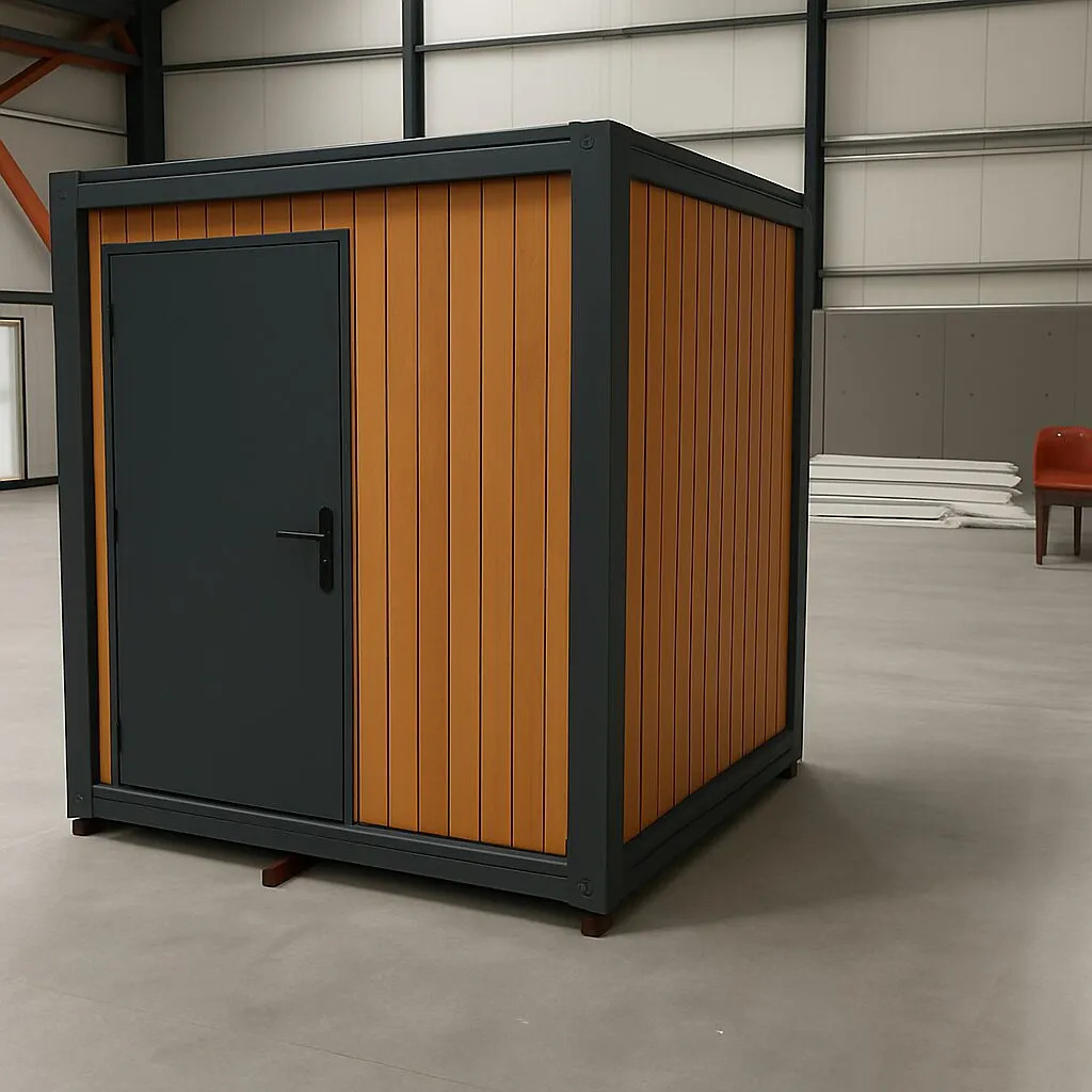 Exterior view of a portable handicap toilet unit with the door closed.