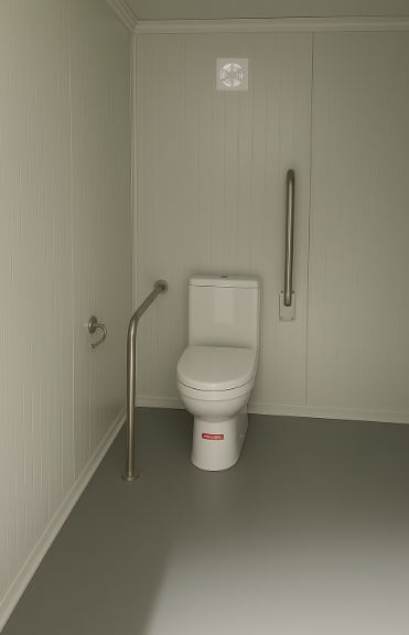 Interior of a portable handicap toilet unit.