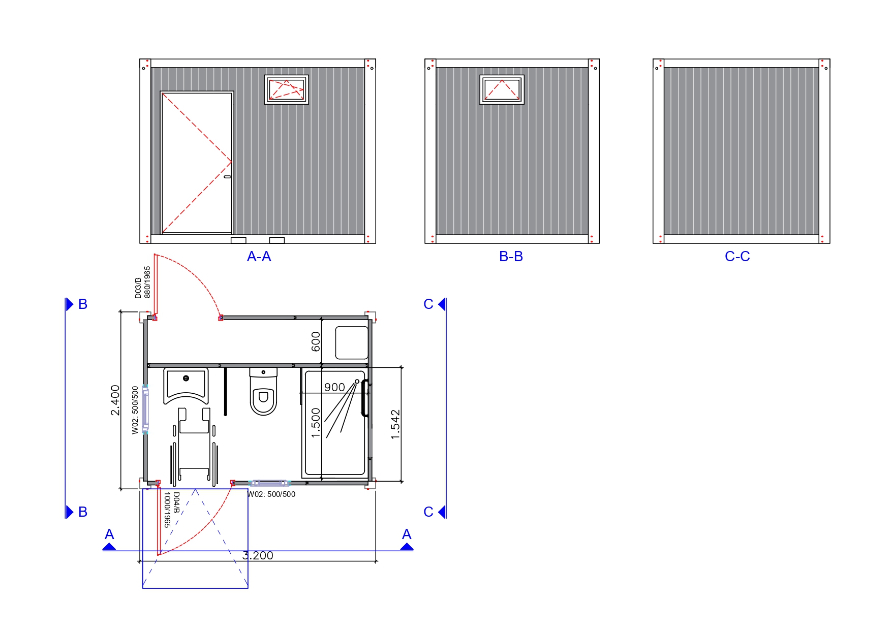 wheelchair_accessible_bathroom_unit_with_technical_room_blueprint Blueprint of a wheelchair-accessible bathroom unit with technical room.