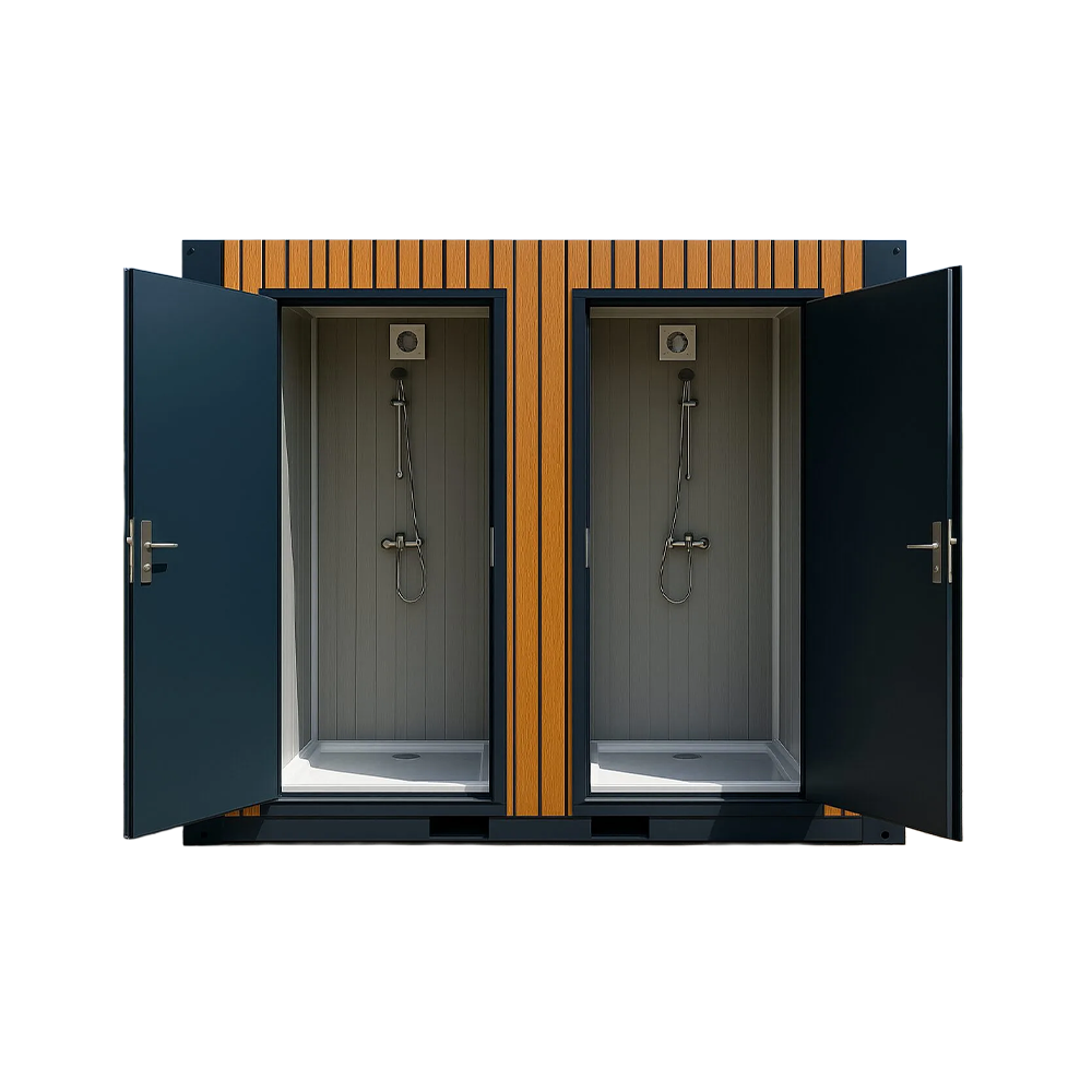 dual_portable_shower_unit_front_doors_opened Front doors of a dual portable shower unit opened.