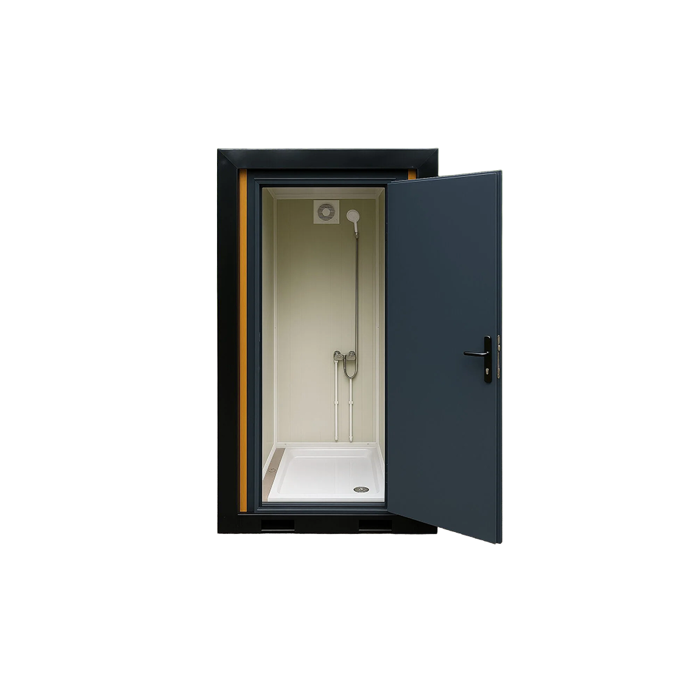Front view of a luxury portable shower unit for camping with door open.