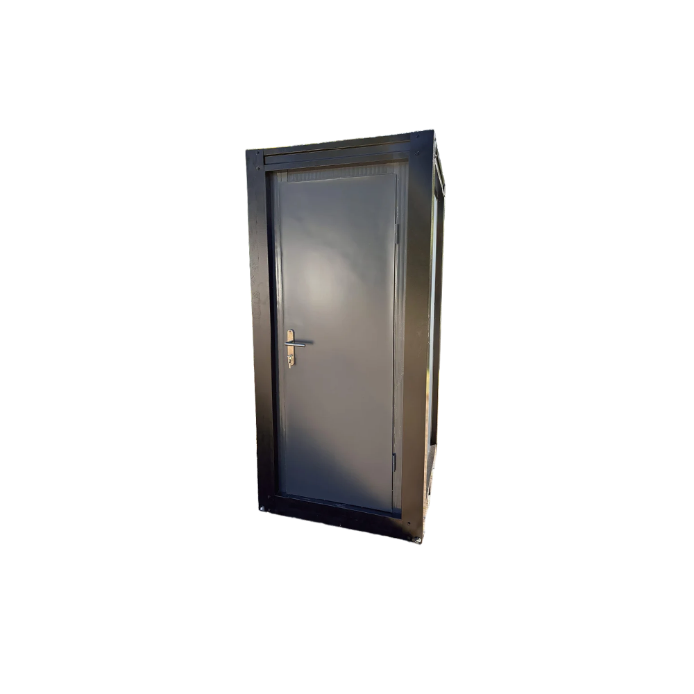 Front view of a luxury portable toilet unit for camping with the door closed.