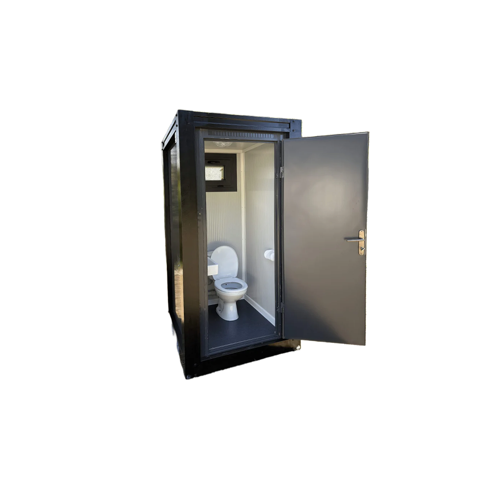 luxury_portable_toilet_unit_for_camping_front_view_open_door Front view of a luxury portable toilet unit for camping with door open.